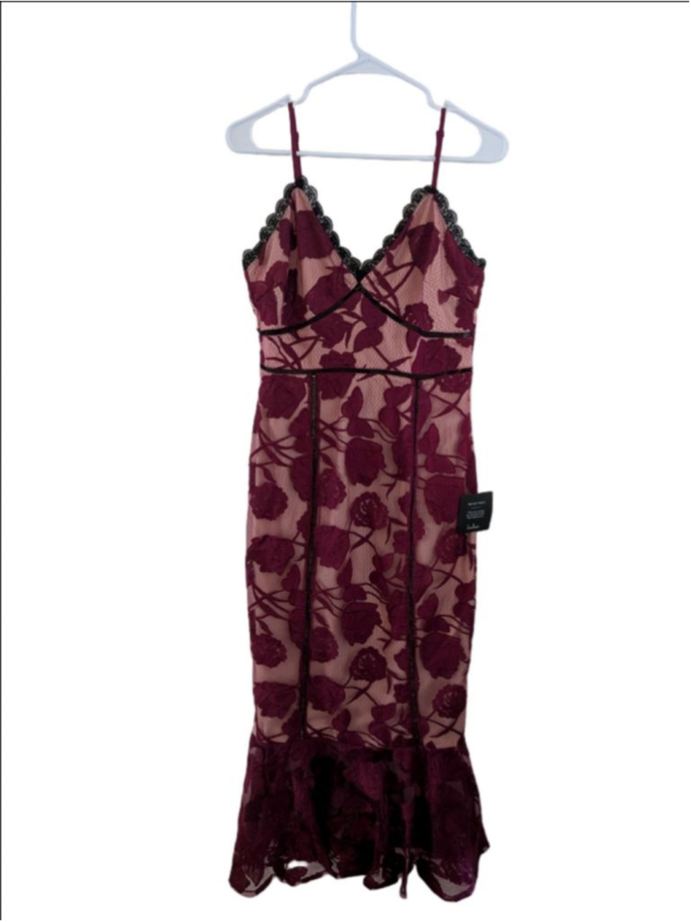 Lulus Burgundy Lace Midi Dress NWT Size M Floral Bodycon Mermaid Cocktail - Picture 5 of 13